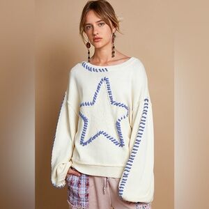 POL Cream and Blue Crew Neck Sweater with Star Design